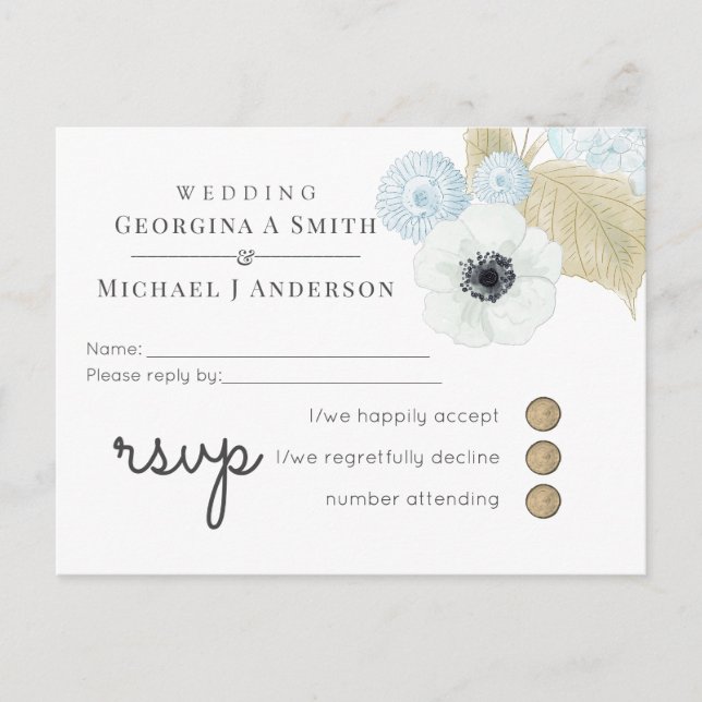 Dusty Blue White Navy Anemone BUDGET Wedding Invitation Postcard (Front)