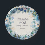 Dusty Blue White Navy Floral Women's 40th Birthday Paper Plate<br><div class="desc">Elegant dusty blue,  white,  and navy blue watercolor floral women's 40th (or any age) birthday party paper plates. Customise with the name of the guest-of-honour,  her age,  and her party date. Contact me for assistance with your customisations or to request additional matching or coordinating Zazzle products for your party.</div>