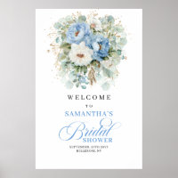 Dusty blue white peony floral gold bridal shower