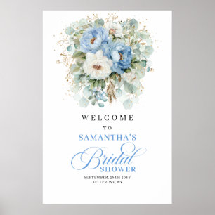 Dusty blue white peony floral gold bridal shower poster