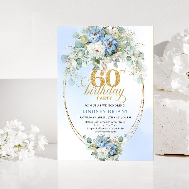 Dusty blue white peony gold floral 60th birthday  invitation (Dusty blue white peony gold floral 60th birthday invitation

)