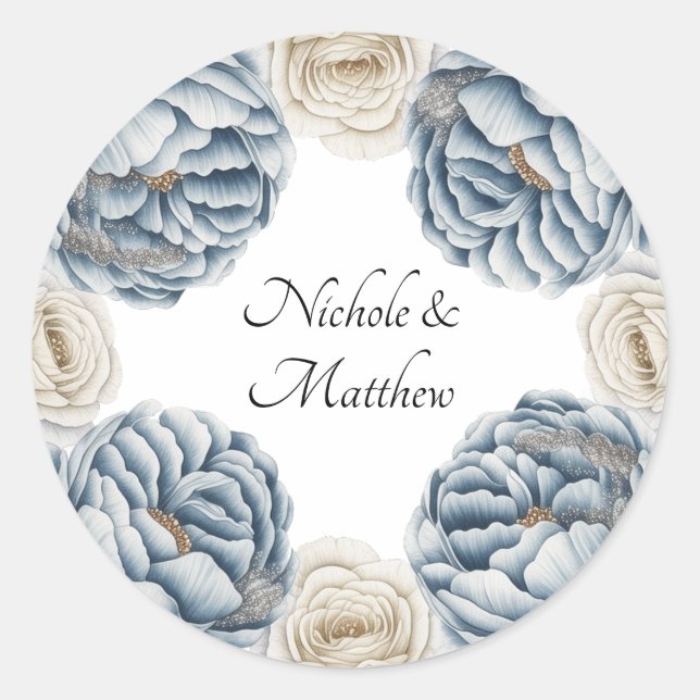 Dusty Blue & White Peony Wedding Classic Round Sticker (Front)