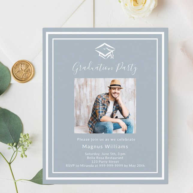Dusty blue white photo Graduation Party invitation (Creator Uploaded)