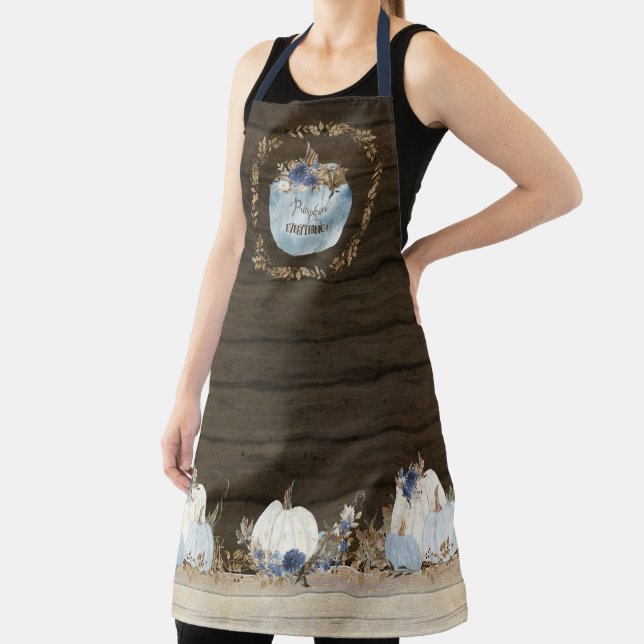 Dusty Blue White Pumpkin Watercolor Floral Wood Apron (Insitu)