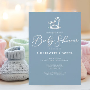 Dusty Blue White Rocking Horse Baby Shower Invitation