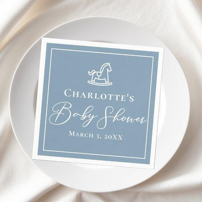 Dusty Blue White Rocking Horse Baby Shower Napkin (Creator Uploaded)
