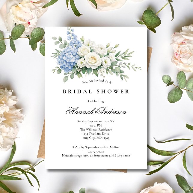 Dusty Blue White Rose Floral Elegant Bridal Shower Invitation (Dusty Blue Hydrangea White Roses Watercolor Florals Bridal Shower Invitation, Printed or Digital)