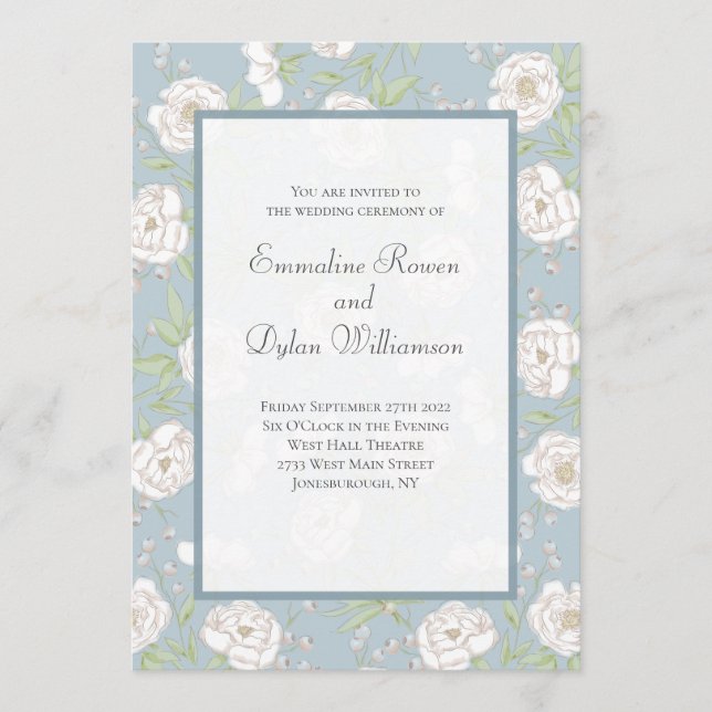 Dusty Blue White Rose Wedding Invitation (Front)