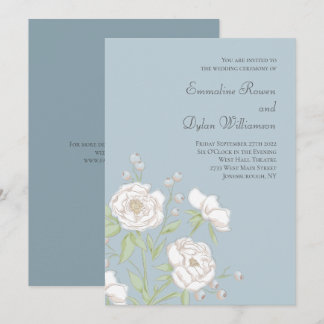 Dusty Blue White Rose Wedding Invitation