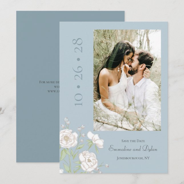Dusty Blue White Rose Wedding Save the Date Invitation (Front/Back)