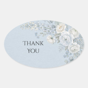 Dusty Blue White Rose Wedding Thank You Oval Sticker