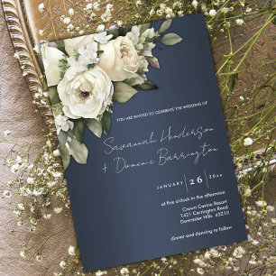 Dusty Blue White Roses Boho Wedding Invitation