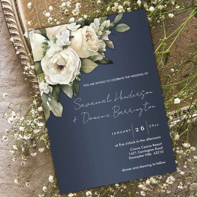 Dusty Blue White Roses Boho Wedding Invitation (Creator Uploaded)