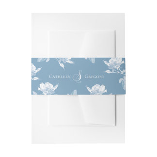 Dusty Blue White Roses Floral Wedding Invitation Belly Band