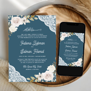 Dusty Blue White Roses Lace Muslim Wedding Invitation
