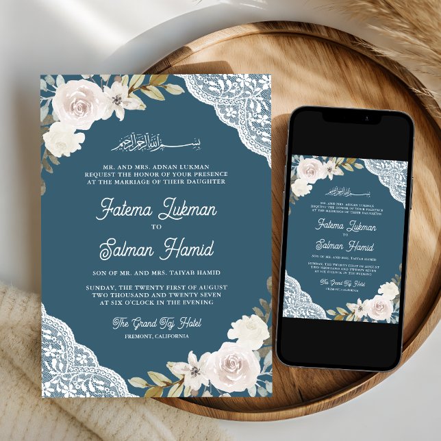 Dusty Blue White Roses Lace Muslim Wedding Invitation (Creator Uploaded)