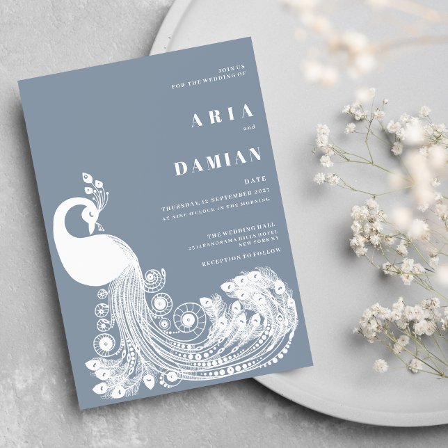 Dusty blue white royal peacock elegant Wedding Invitation (Dusty blue white royal peacock elegant Wedding )