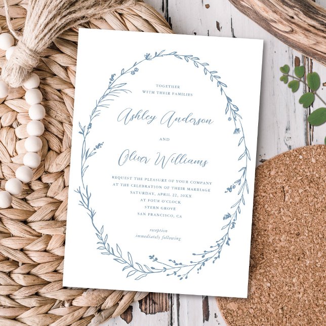 Dusty Blue White Rustic Wildflower Wreath Wedding Invitation (Creator Uploaded)