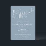 Dusty Blue White Script Modern Bat Mitzvah Girl Invitation<br><div class="desc">This bat mitzvah invitation features "Bat Mitzvah" in a large, flowing white script across the top of a dusty blue background, with the honoree's name in bold white caps and all the ceremony and reception details in clean italic type below. There's also space for the parents' names and the event...</div>