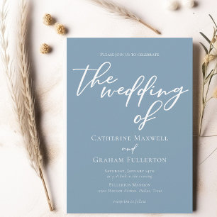 Dusty Blue White Script Summer Coastal Wedding Invitation