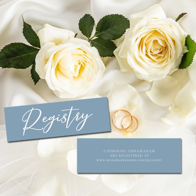 Dusty Blue White Script Wedding Registry Website Mini Business Card (Creator Uploaded)