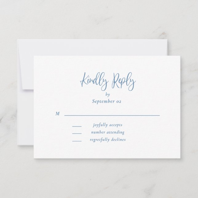 Dusty Blue White Script Wildflower Wedding RSVP  (Front)