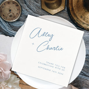 Dusty Blue & White Signature Names Wedding Napkins