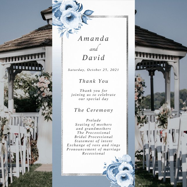 Dusty blue white silver floral wedding program rack card (Creator Uploaded)