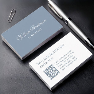 Dusty Blue White Simple QR Code and Calligraphy Business Card