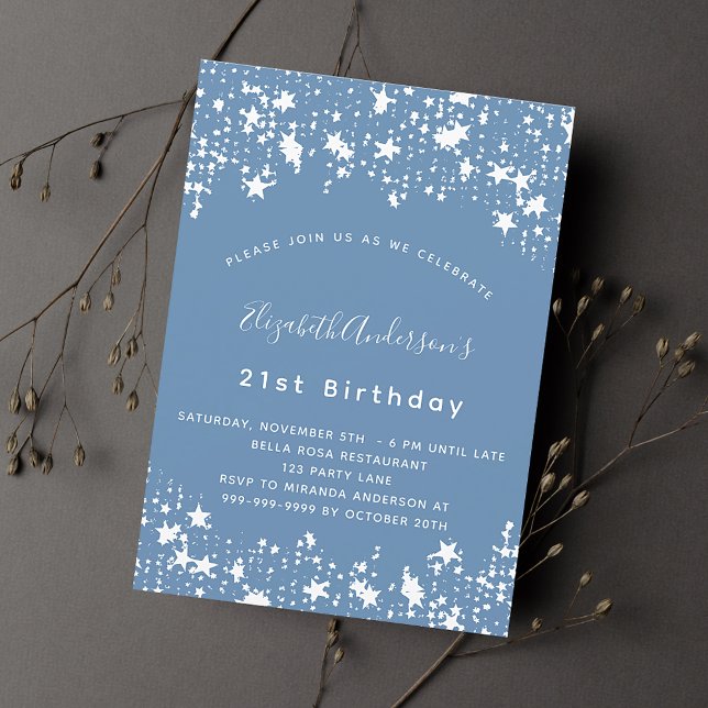 Dusty blue white stars birthday party luxury invitation (Creator Uploaded)
