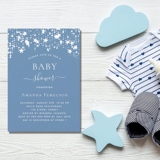 Dusty blue white stars boy baby shower luxury invitation (Creator Uploaded)