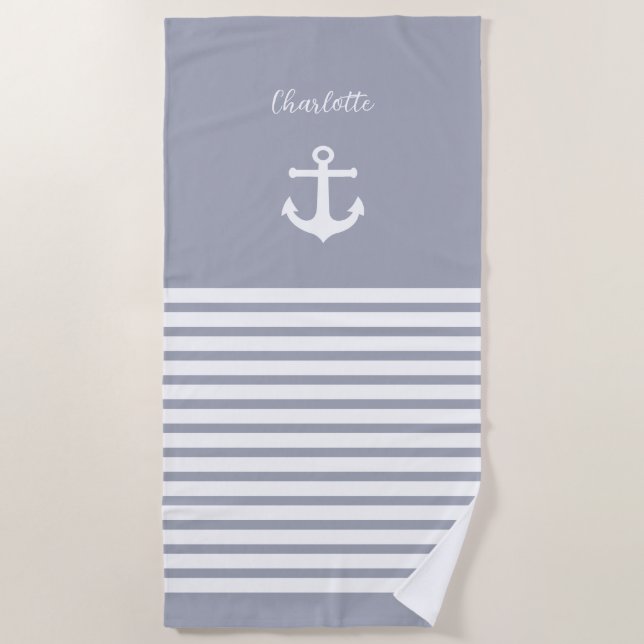 Dusty Blue White Stripes Nautical  Personalised  Beach Towel (Front)