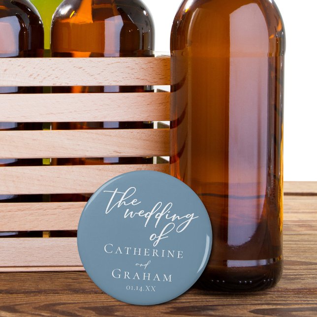 Dusty Blue White Typography Coastal Wedding Bottle Opener (Creator Uploaded)