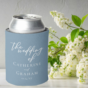Dusty Blue White Typography Coastal Wedding Can Cooler