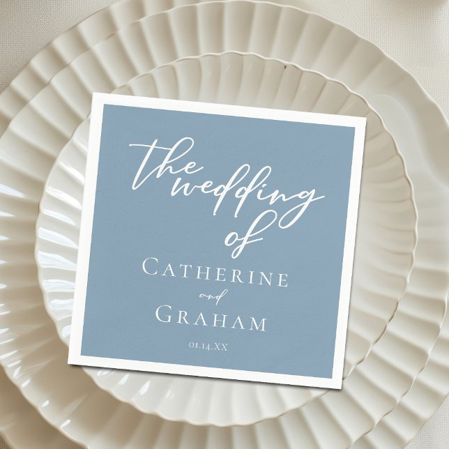 Dusty Blue White Typography Coastal Wedding Napkin (Creator Uploaded)