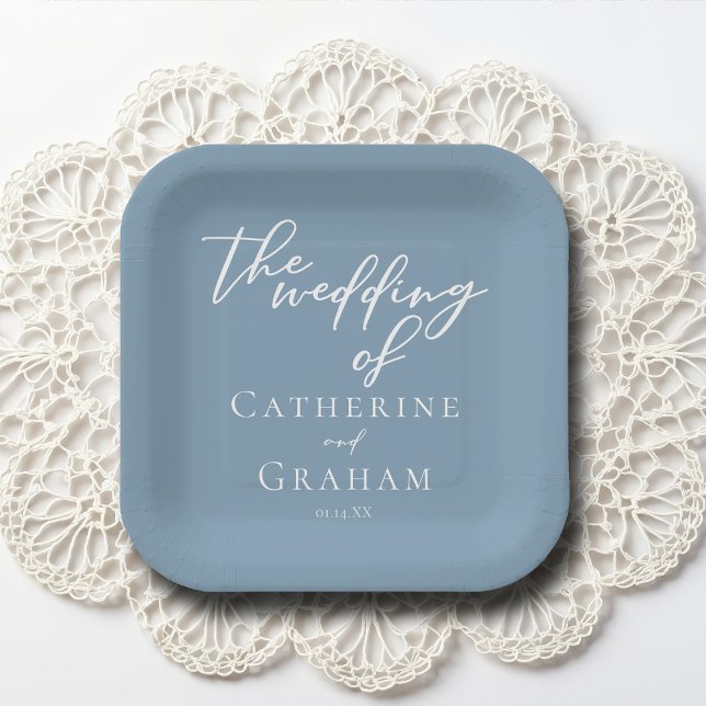 Dusty Blue White Typography Coastal Wedding Paper Plate (Creator Uploaded)