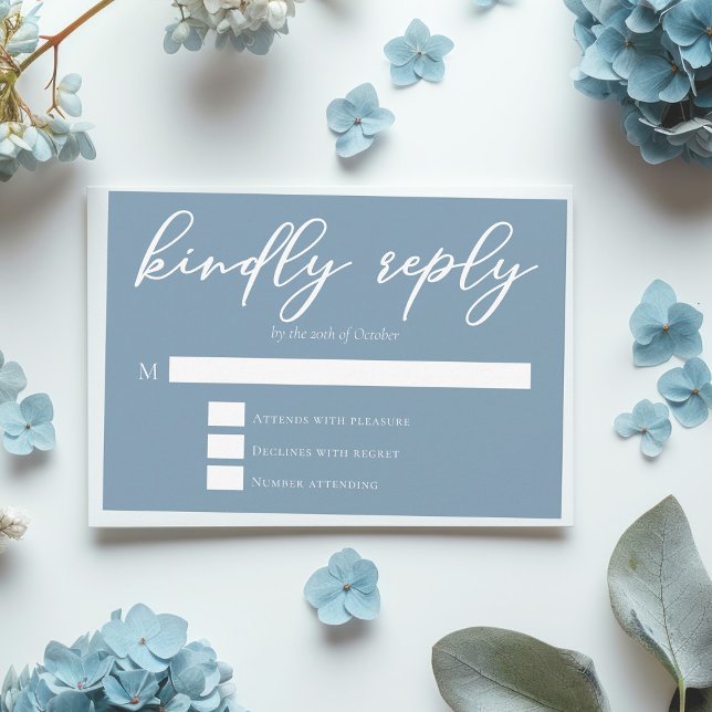 Dusty Blue White Typography Coastal Wedding RSVP Card (Creator Uploaded)