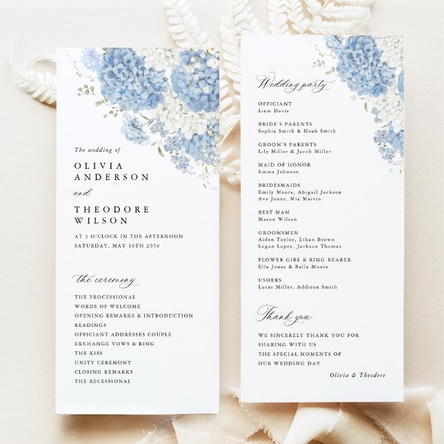 Dusty Blue White Watercolor Wedding Ceremony Programme (Dusty blue white hydrangea watercolor wedding ceremony program, front & back, elegant stationery)