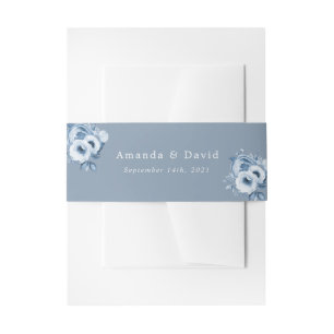 Dusty blue white watercolored florals wedding invitation belly band