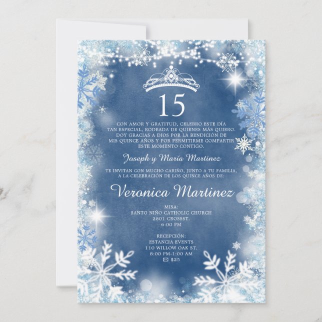 Dusty Blue & White Winter Spanish Girl 15 Años Invitation (Front)