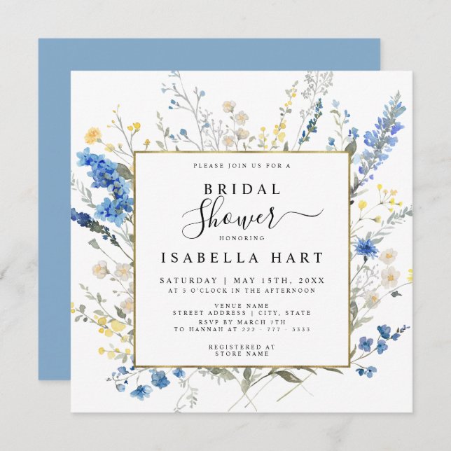 Dusty Blue Wild Floral Dainty Boho Bridal Shower Invitation (Front/Back)