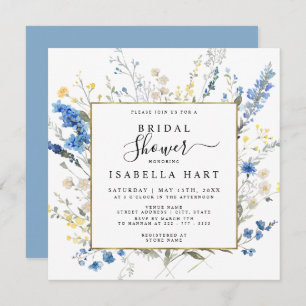 Dusty Blue Wild Floral Dainty Boho Bridal Shower Invitation