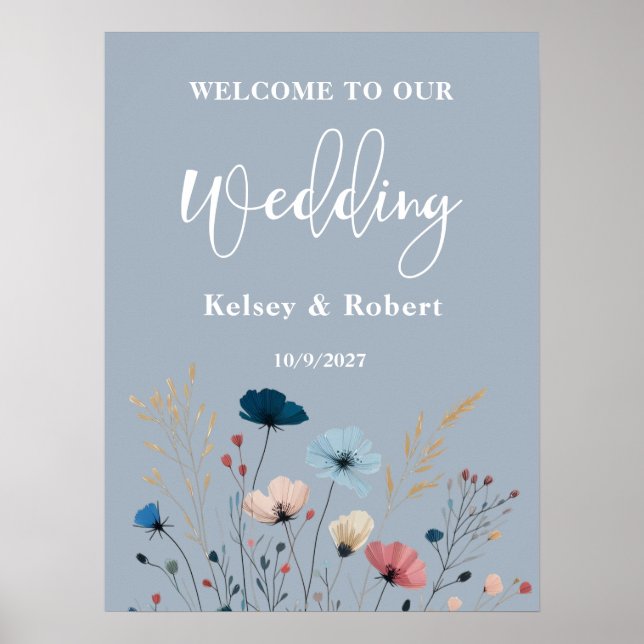 Dusty Blue Wild Floral Welcome Wedding Sign Poster (Front)