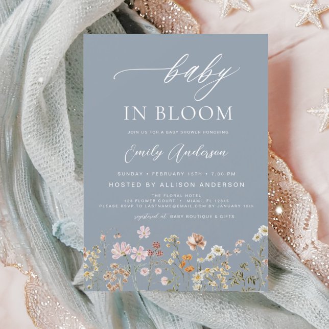 Dusty Blue Wildflower Baby in Bloom Baby Shower Invitation (Creator Uploaded)