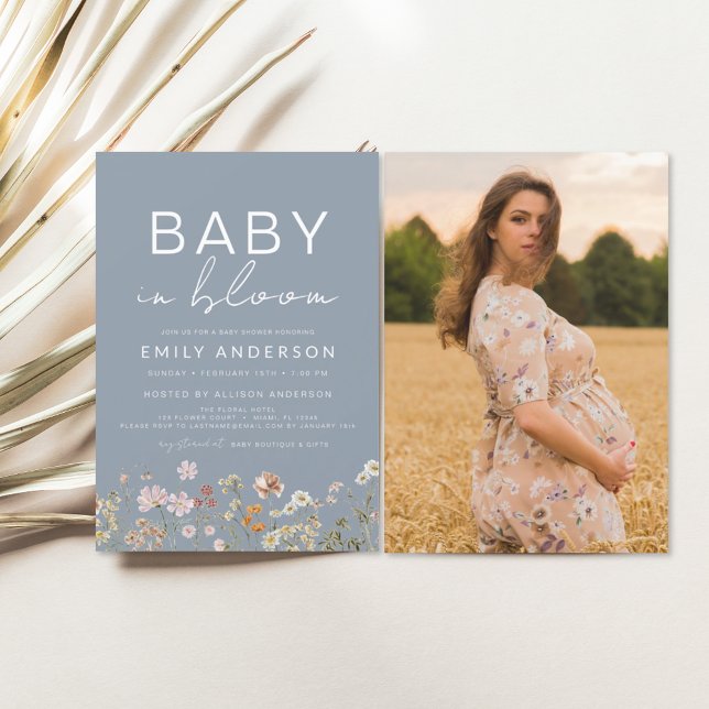 Dusty Blue Wildflower Baby in Bloom Baby Shower Invitation (Creator Uploaded)