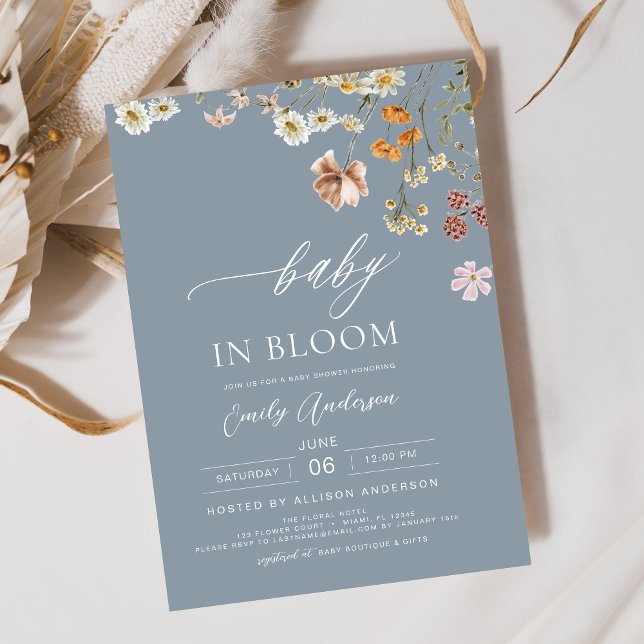 Dusty Blue Wildflower Baby in Bloom Baby Shower Invitation (Creator Uploaded)