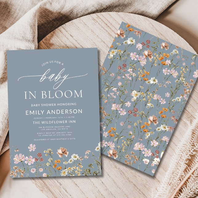 Dusty Blue Wildflower Baby in Bloom Baby Shower Invitation (Creator Uploaded)