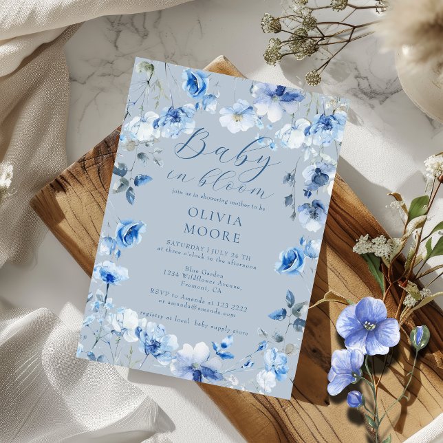 Dusty Blue Wildflower Baby in Bloom Baby Shower Invitation (Creator Uploaded)