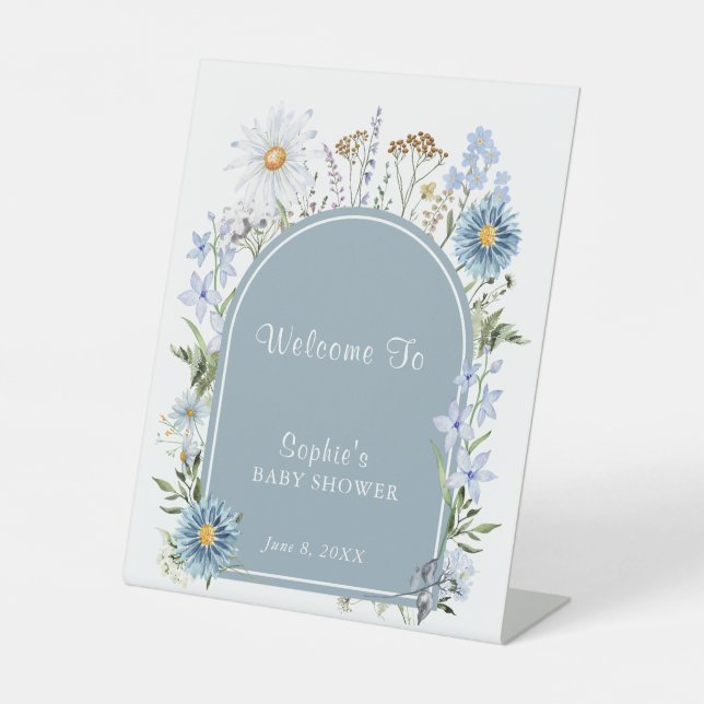 Dusty Blue Wildflower Baby In Bloom Baby Shower  Pedestal Sign (Front)