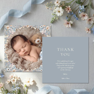 Dusty Blue Wildflower Baby Shower Photo Thank You Card
